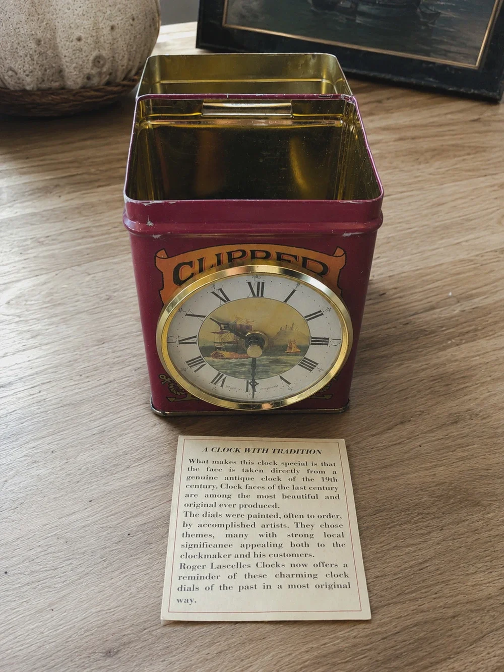 Roger Lascelles Clipper Brand Tea Caddy Clock Tin Nautical Sailing Ship...